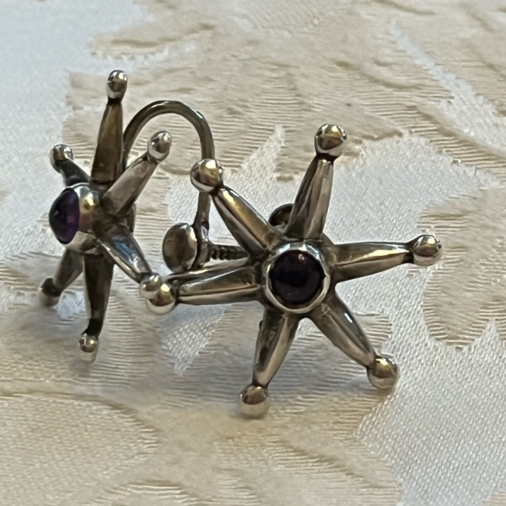 Vintage Taxco Mexico sterling silver starburst earrings. Circa 1951.